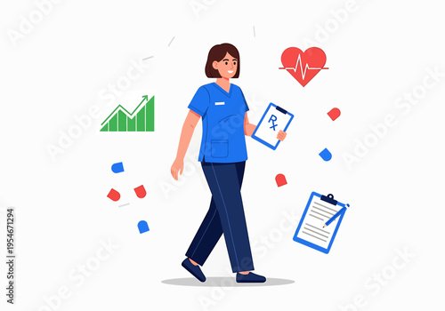 Nurse's Daily Duty: Depicting a healthcare worker on the move, clutching medical paperwork and charts, ready to extend care and comfort.