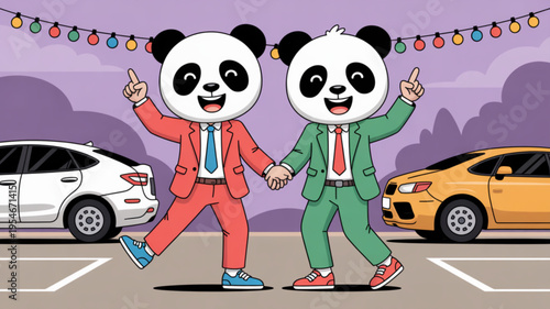 Two cheerful pandas in suits walking in parking lot with colorful lights