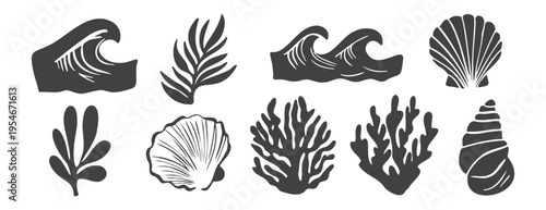 Sea shells, waves and corals isolated on white. Minimalist marine collection with seashell silhouettes, reef elements and algae icons for modern coastal summer design. Black vector set