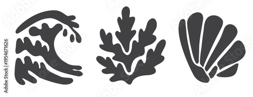 Sea wave, seaweed and scallop shell isolated on white. Minimalist boho marine icons, flat vector organic shapes and nautical elements for modern coastal design.Set of black silhouettes