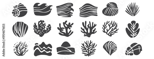 Ocean elements minimalist black and white set. Silhouette vector icons of shells, coral, seaweed, and waves. Clean linocut style for nautical branding, summer decor, and sticker design