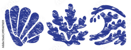 Marine seashell vector set in linocut style with coral ocean element. Blue engraved illustration with textured lines, isolated on white. Nautical clipart  for coastal design, logo, print and branding