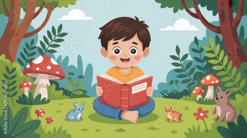 Happy child reading book outdoors in forest with animals and mushrooms
