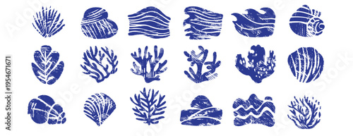 Blue linocut seashell and coral set. Handmade woodcut print collection of marine shells, seaweed, underwater nature. Vintage stamp illustrations, vector