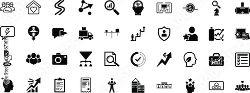 A comprehensive collection of diverse business and technology icons in a clean black silhouette style