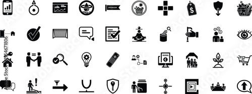 A comprehensive collection of diverse black and white flat vector icons for modern web interface