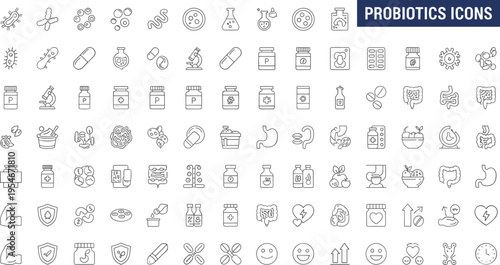 Probiotics icons illustration set, gut health capsules yogurt bacteria shield laboratory symbols, medical nutrition artwork for wellness design