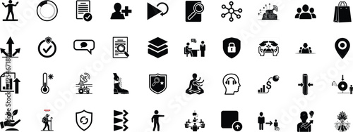 A comprehensive collection of diverse black and white icons representing various business concepts