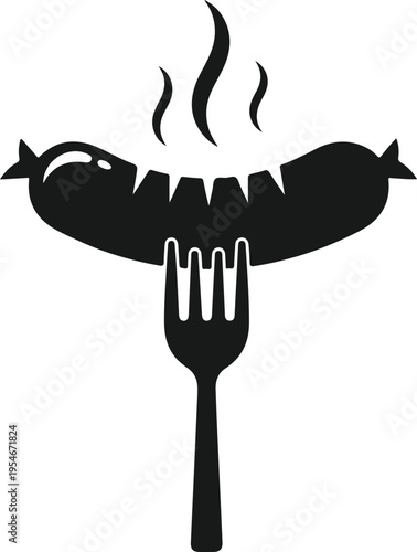 Grilled sausage with smoke on a fork black silhouette flat vector icon isolated on transparent background