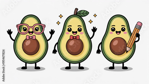 Three cartoon avocados with accessories smiling and waving on white background
