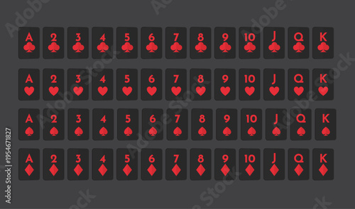 Poker card vector flat design, minimalist playing cards suit icons, classic casino illustration, set of four suits graphic.