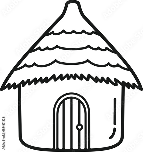 Hand drawn doodle hut black outline vector illustration with thatched roof and wooden door isolated on transparent background