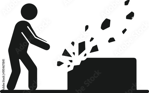 Manual worker silhouette breaking large block with hammer and flying debris representing construction labor or industrial demolition work