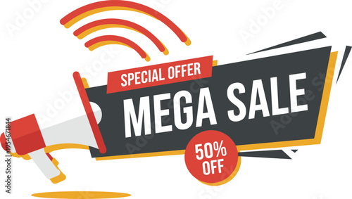 Special offer mega sale graphic, megaphone announcement with discount badge, retail promotion artwork for marketing and advertising