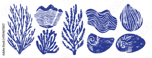 Linocut seashell, coral and seaweed set. Handmade woodcut print, oyster and mussel collection. Cobalt marine vintage stamp, vector illustration. Nautical branding, summer decor, and sticker design