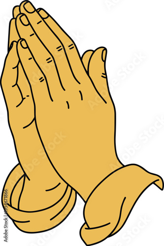 Cartoon prayer hands illustration, yellow sleeves gesture of devotion, spiritual reverence artwork symbolizing gratitude and humility