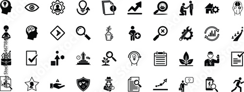 A comprehensive collection of black and white business and management themed vector icon set design