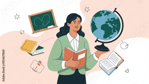Female teacher standing with books and globe in classroom setting with educational tools
