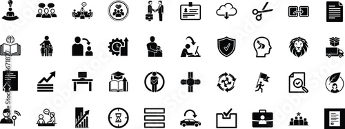 A comprehensive collection of black and white flat vector icons for business and communication use