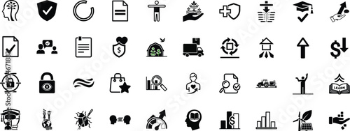 A comprehensive collection of diverse black and white line art icons depicting business concepts