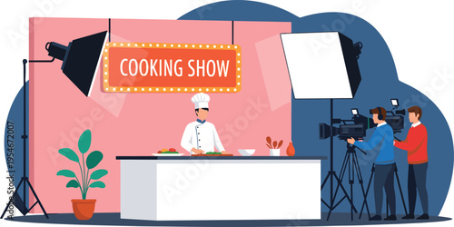Behind the scenes cooking show production, chef preparing food, studio lights, camera crew filming culinary content, vibrant kitchen atmosphere