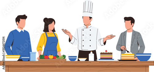 Chef teaching cooking class with students, culinary teamwork in kitchen, food preparation demonstration, learning skills, baking and cooking