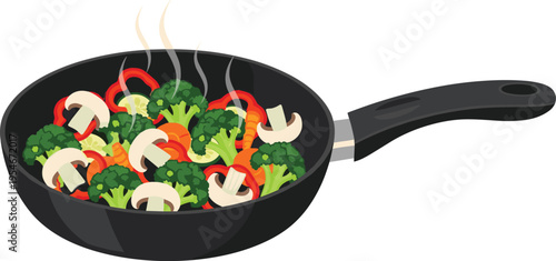 Healthy vegetable stir fry in frying pan, broccoli mushrooms peppers cooking, steaming fresh food, nutrition, colorful meal preparation