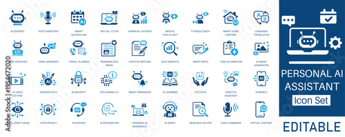 Personal AI Assistant and AI Agent solid icon set. Featuring  AI chatbot, voice assistant, generative AI, virtual tutor and AI image generator. Vector icons for tech startup and digital projects.