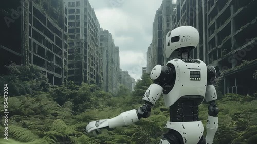 A robot navigates through an overgrown urban landscape filled with abandoned buildings and dense vegetation