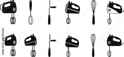 Black and white kitchen utensil illustration featuring electric hand mixers, manual egg beaters, wire whisks, cooking baking tool comparison artwork