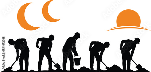 Labor silhouette illustration, workers with shovels and buckets, sun and moon cycle, persistence, hard work across time vector design