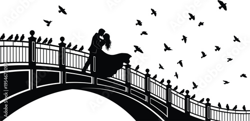 Bridge silhouette illustration, two people standing together, flying birds in sky, romantic moment, scenic architecture, nature harmony vector design