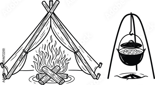 Camping scene illustration, campfire with logs, outdoor cooking pot on tripod, tent shelter, traditional wilderness setup, adventure survival vector design