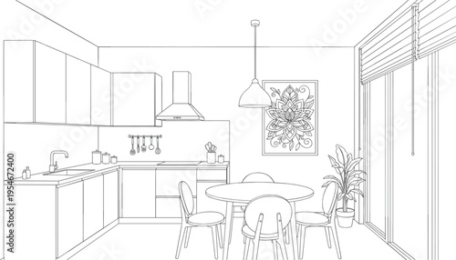 Modern kitchen interior with dining table cabinets window blinds and wall art in minimal line illustration style