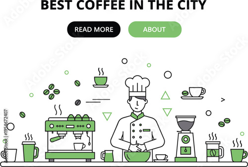 Coffee shop illustration with barista, modern café scene, coffee machine, grinder, cups, beans, best coffee advertisement design concept