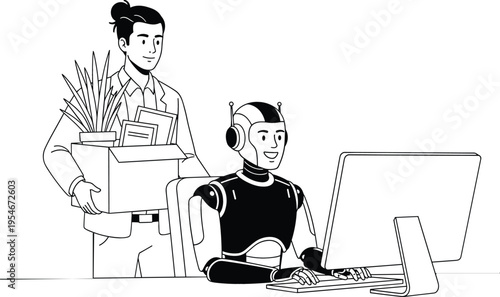 Robot working at computer while human colleague carries box representing job transition automation and workplace change concept