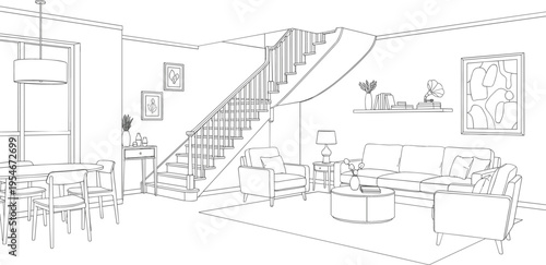 Spacious living room interior with staircase sofa armchairs and dining area in clean architectural line drawing style