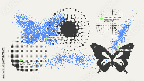 Geometric Shapes Set With Vector Bitmap Dithering Texture.