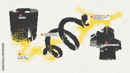 Geometric Shapes Set With Vector Bitmap Dithering Texture.