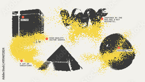 Geometric Shapes Set With Vector Bitmap Dithering Texture.