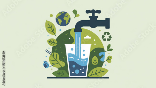 Eco friendly water conservation concept with faucet pouring water into a glass surrounded by green leaves and globe on a sustainable background