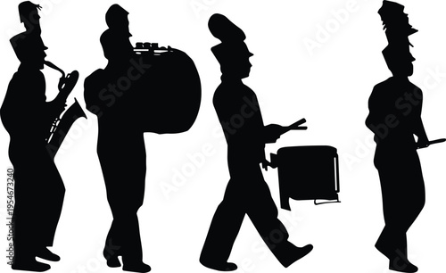 Marching band silhouette with musicians playing saxophone drums and tuba in parade performance vector illustration