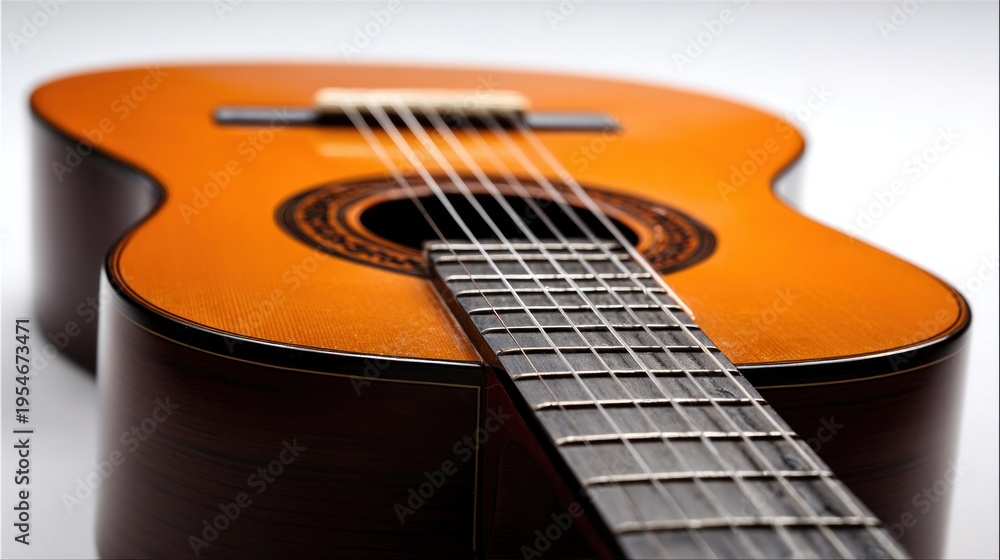 Fototapeta premium High quality classic acoustic guitar leans upright against a bright white background. Its visible strings, soundhole, and fretboard display a beautiful, slightly worn appearance