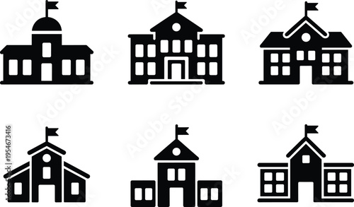 Set of flat school building icons education university high school campus government architecture vector black silhouettes
