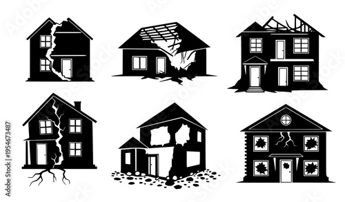 Damaged House and Building Disaster Icon Set with Cracked Walls, Collapsed Roofs, Structural Damage, and Ruined Homes for Insurance, Emergency, and Safety Design