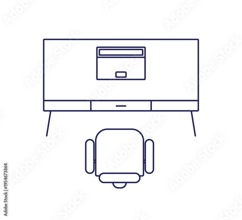 Office desk, work table, outline contour drawing, top view. Workplace design with chair seat, laptop computer from above. Business furniture. Flat vector illustration isolated on white background