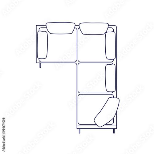 Couch, corner sofa, outline soft furniture drawing, top down view. Contour living module seat for floor plan layout from above, overhead. Flat vector illustration isolated on white background