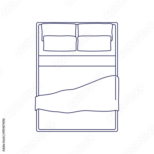 Outline double bed, top view. Bedroom furniture with mattress, pillows, duvet and cover for home interior design. Blanket and cushions from above. Flat vector illustration isolated on white background