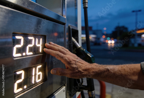 Close Up of a Senior Hand Touching a Gasoline Pump Digital Display at Night Economy Concept