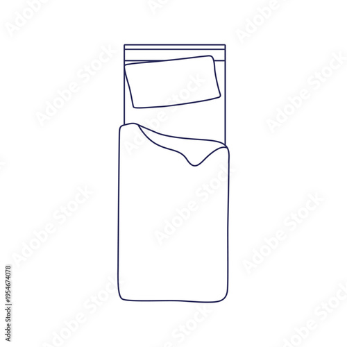 Single bed, linear bedroom furniture for sleep. Pillow and blanket duvet, top down view, from above. Line art bedclothes, linen, overhead. Flat vector illustration isolated on white background